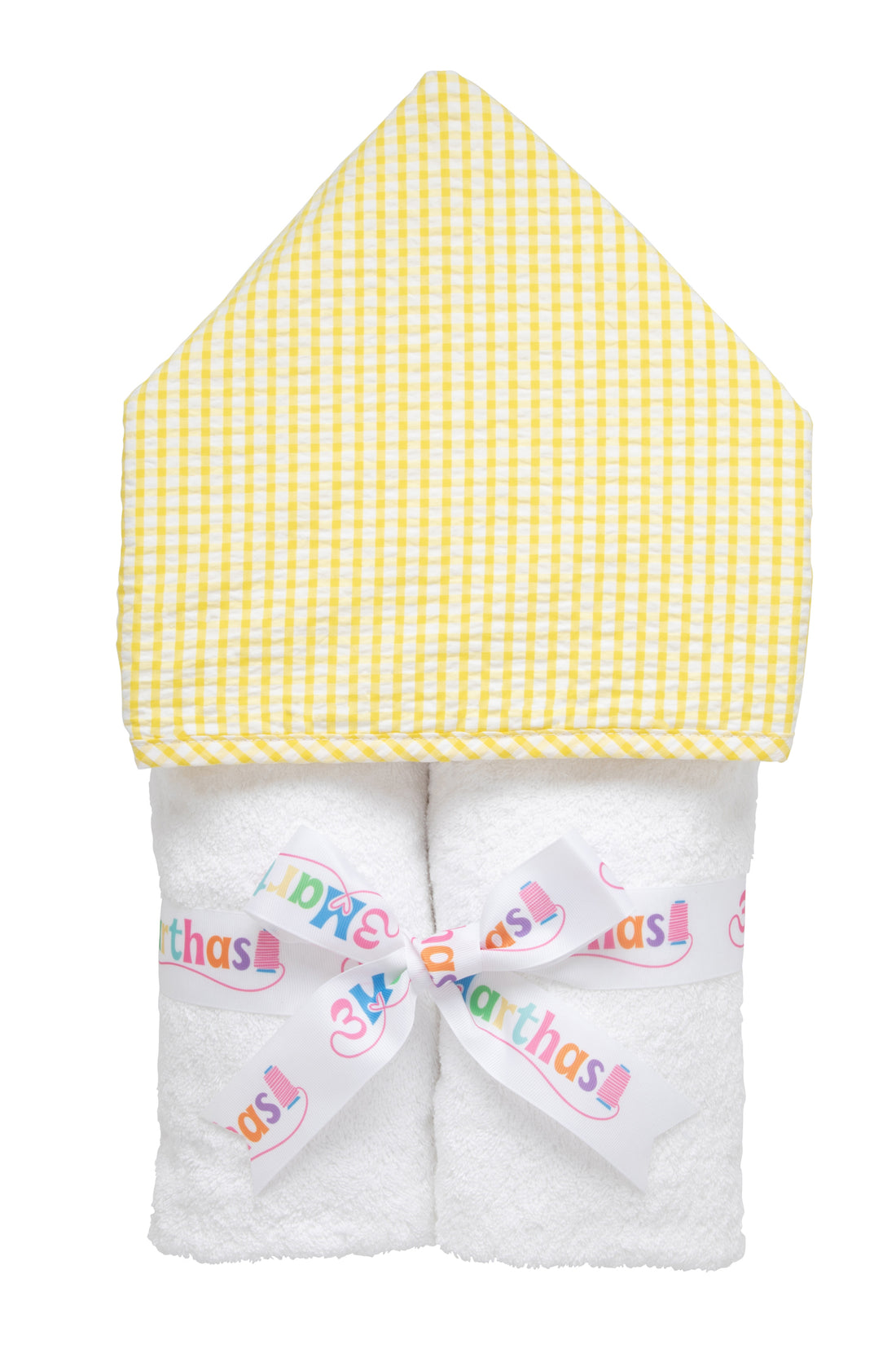 Cotton terry hooded towel for toddler to little kids with yellow gingham check hood, 3 Marthas