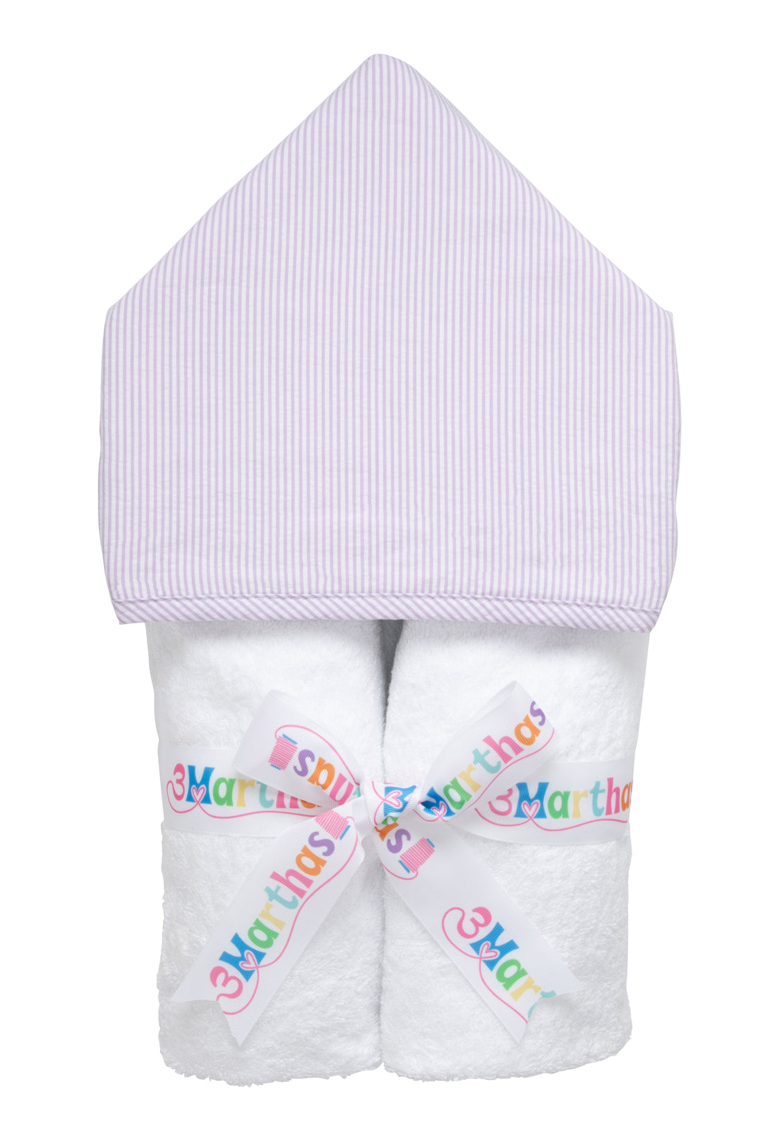 Cotton terry hooded towel for toddler to little kids with lilac seersucker stripe hood, 3 Marthas