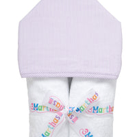 Cotton terry hooded towel for toddler to little kids with lilac seersucker stripe hood, 3 Marthas