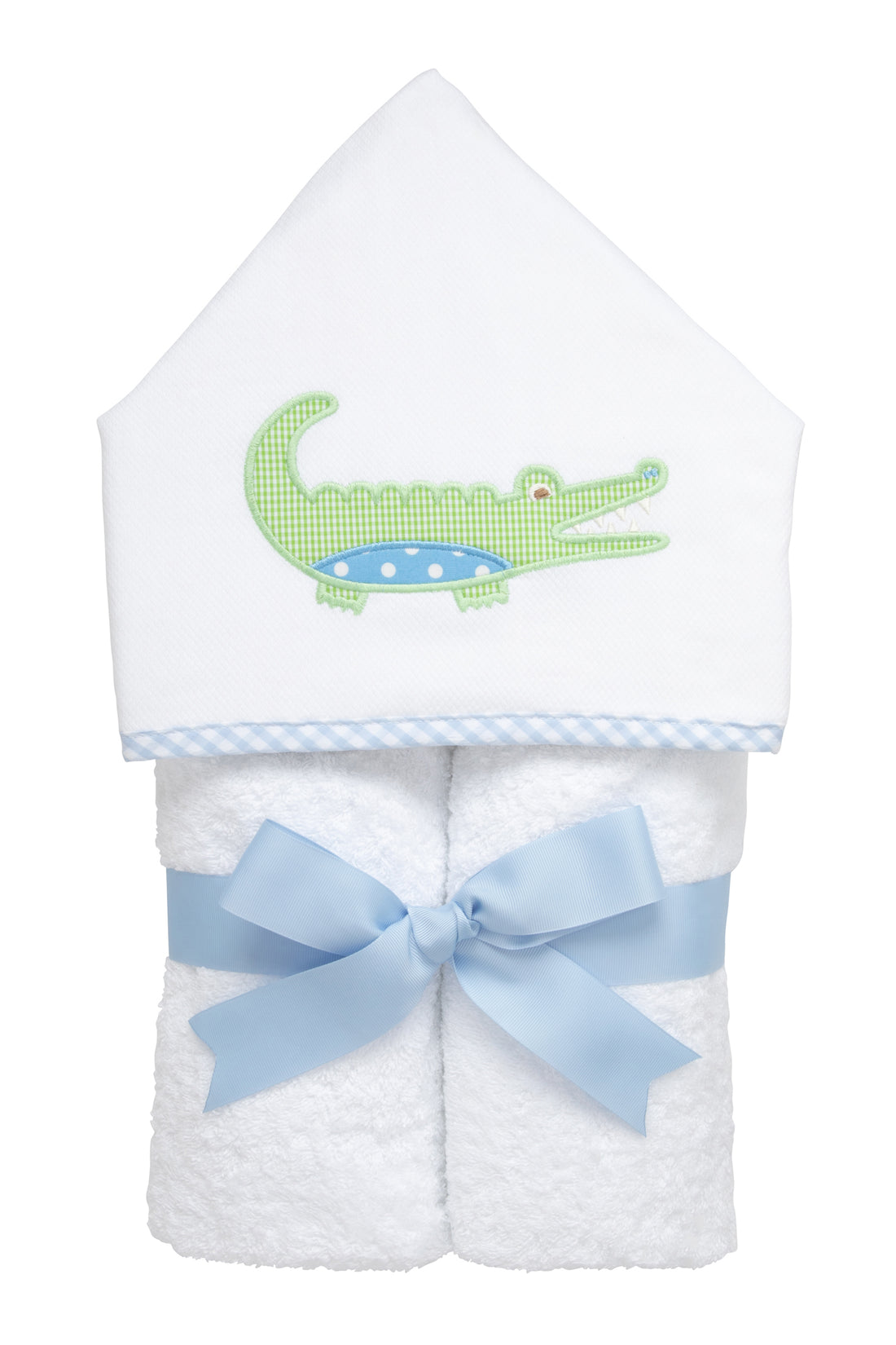 Cotton terry hooded towel for toddler to little kids with a green gingham check and blue dot alligator applique on the hood, 3 Marthas