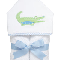 Cotton terry hooded towel for toddler to little kids with a green gingham check and blue dot alligator applique on the hood, 3 Marthas