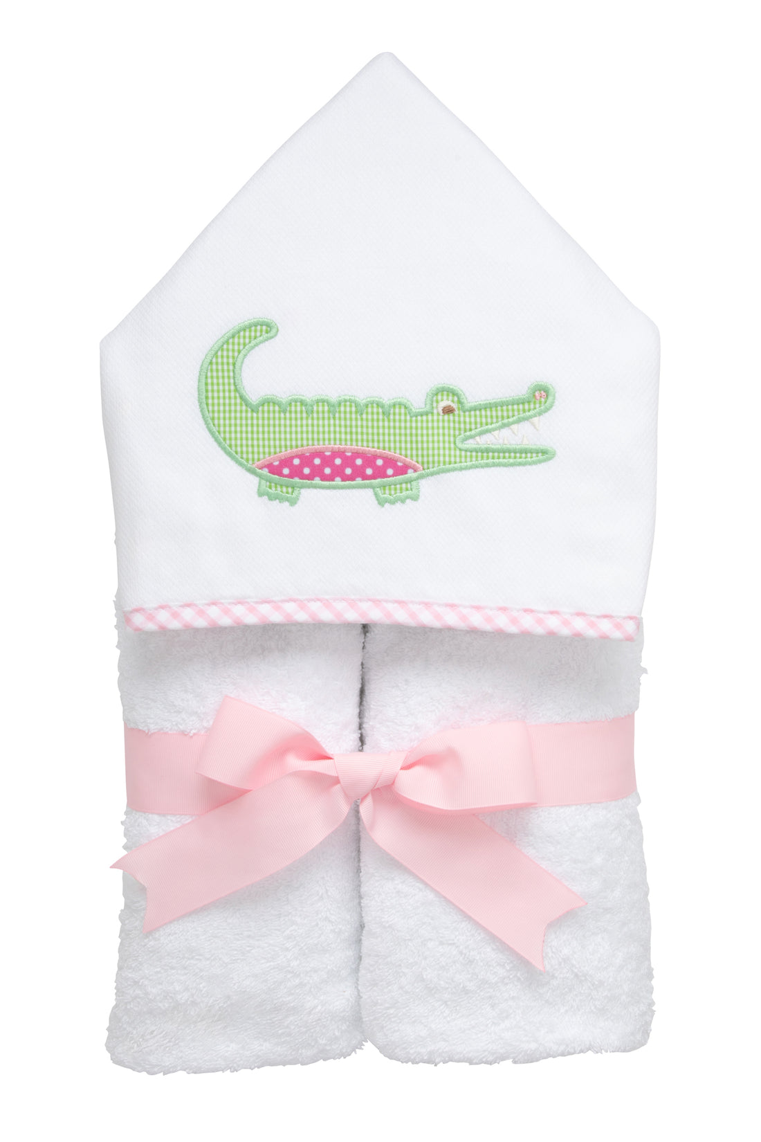 Cotton terry hooded towel for toddler to little kids with a green gingham check and pink dot alligator applique on the hood, 3 Marthas