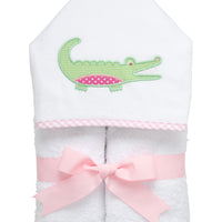 Cotton terry hooded towel for toddler to little kids with a green gingham check and pink dot alligator applique on the hood, 3 Marthas