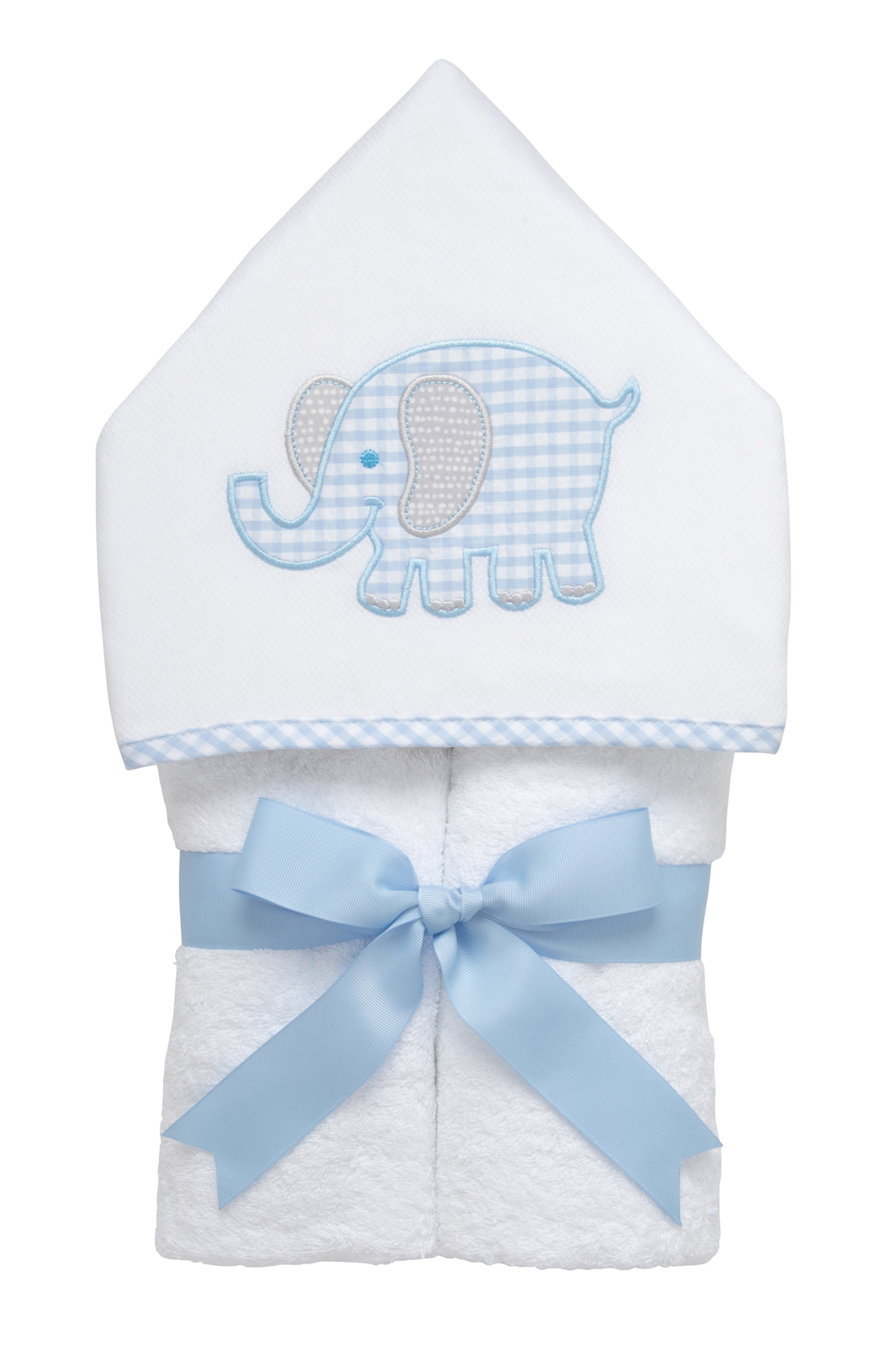 Cotton terry hooded towel for toddler to little kids with a blue gingham check and gray dot elephant applique, 3 Marthas