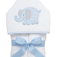 Cotton terry hooded towel for toddler to little kids with a blue gingham check and gray dot elephant applique, 3 Marthas