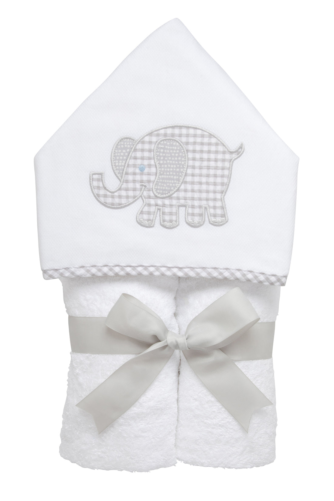 Cotton terry hooded towel for toddler to little kids with a gray gingham check and gray dot elephant applique, 3 Marthas