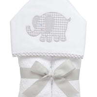 Cotton terry hooded towel for toddler to little kids with a gray gingham check and gray dot elephant applique, 3 Marthas