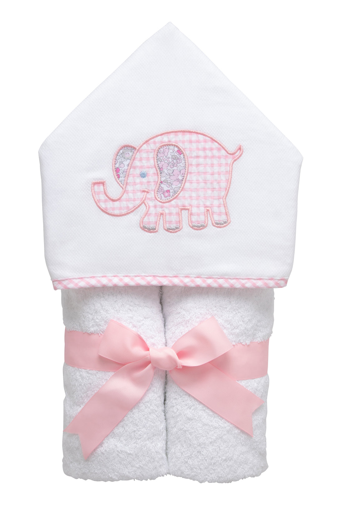 Cotton terry hooded towel for toddler to little kids with a pink gingham check and floral elephant applique, 3 Marthas