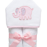 Cotton terry hooded towel for toddler to little kids with a pink gingham check and floral elephant applique, 3 Marthas