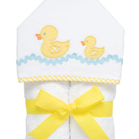 Cotton terry hooded towel for toddler to little kids with two yellow gingham check duck appliques with blue ric rac, 3 Marthas