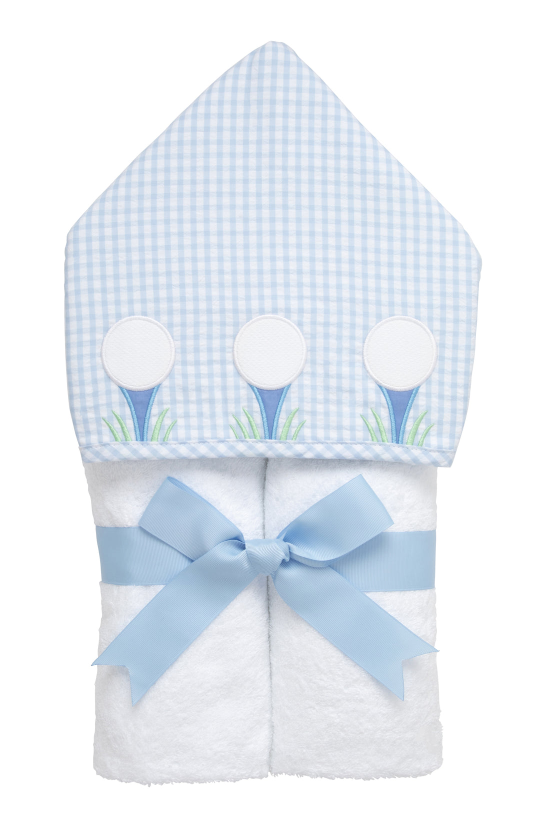 Cotton terry hooded towel for toddler to little kids with a blue gingham check hood and three golf ball and tee appliques, 3 Marthas