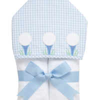 Cotton terry hooded towel for toddler to little kids with a blue gingham check hood and three golf ball and tee appliques, 3 Marthas