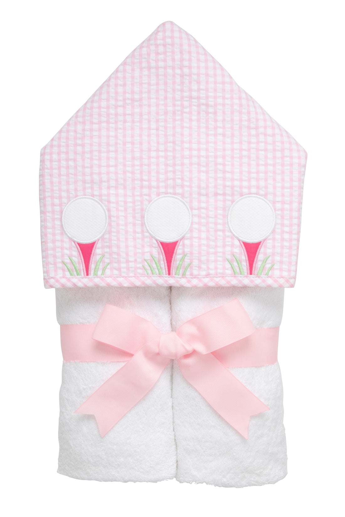 Cotton terry hooded towel for toddler to little kids with a pink gingham check hood and three golf ball and tee appliques, 3 Marthas