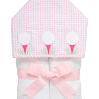 Cotton terry hooded towel for toddler to little kids with a pink gingham check hood and three golf ball and tee appliques, 3 Marthas