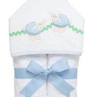 Cotton terry hooded towel for toddler to little kids with two blue fleece lamb appliques and green ric rac, 3 Marthas