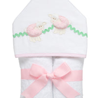 Cotton terry hooded towel for toddler to little kids with two pink fleece lamb appliques and green ric rac, 3 Marthas