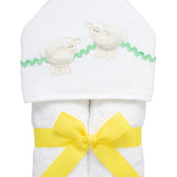 Cotton terry hooded towel for toddler to little kids with two white fleece lamb appliques and green ric rac, 3 Marthas