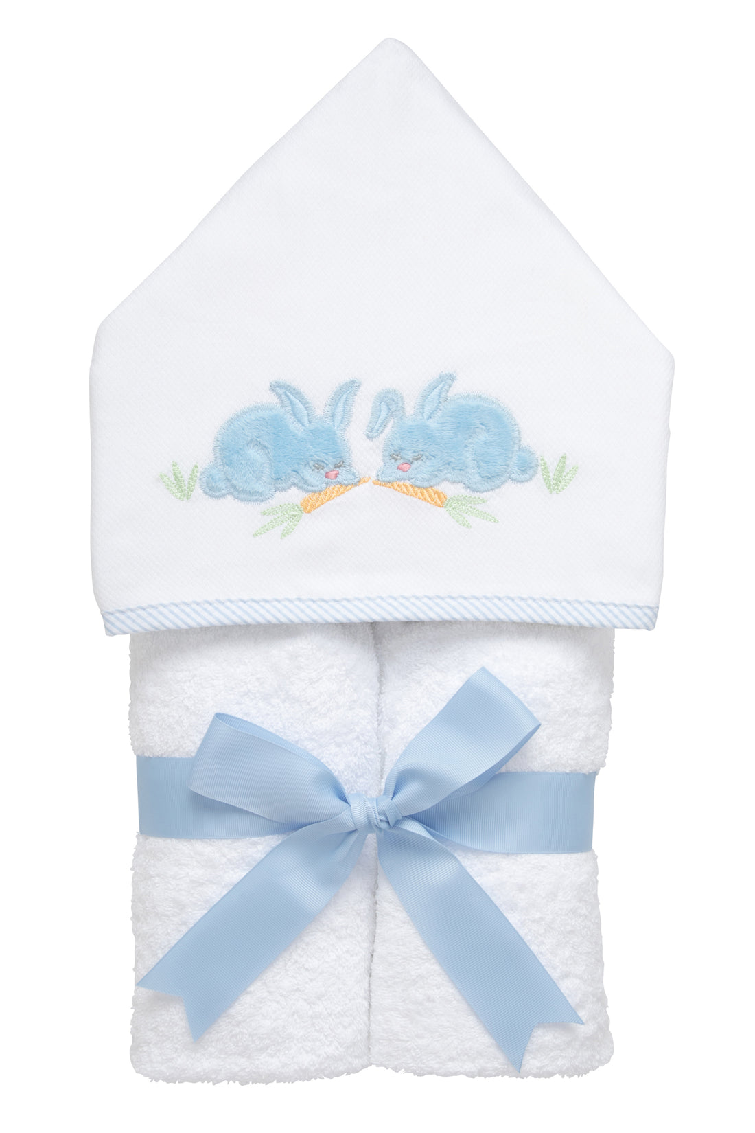 Cotton terry hooded towel for toddler to little kids with two blue fleece bunny appliques eating carrots on the hood, 3 Marthas