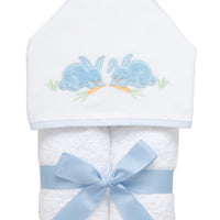 Cotton terry hooded towel for toddler to little kids with two blue fleece bunny appliques eating carrots on the hood, 3 Marthas