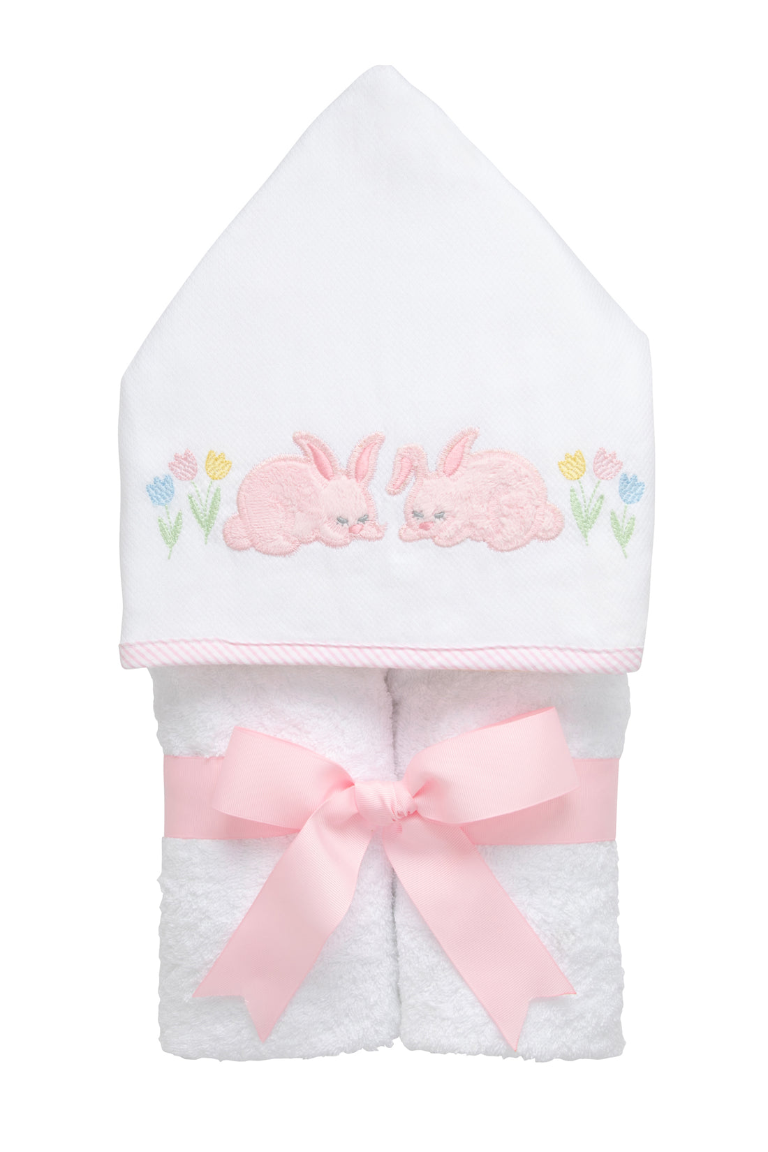 Cotton terry hooded towel for toddler to little kids with two pink fleece bunny appliques and tulip embroidery on the hood, 3 Marthas