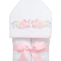 Cotton terry hooded towel for toddler to little kids with two pink fleece bunny appliques and tulip embroidery on the hood, 3 Marthas