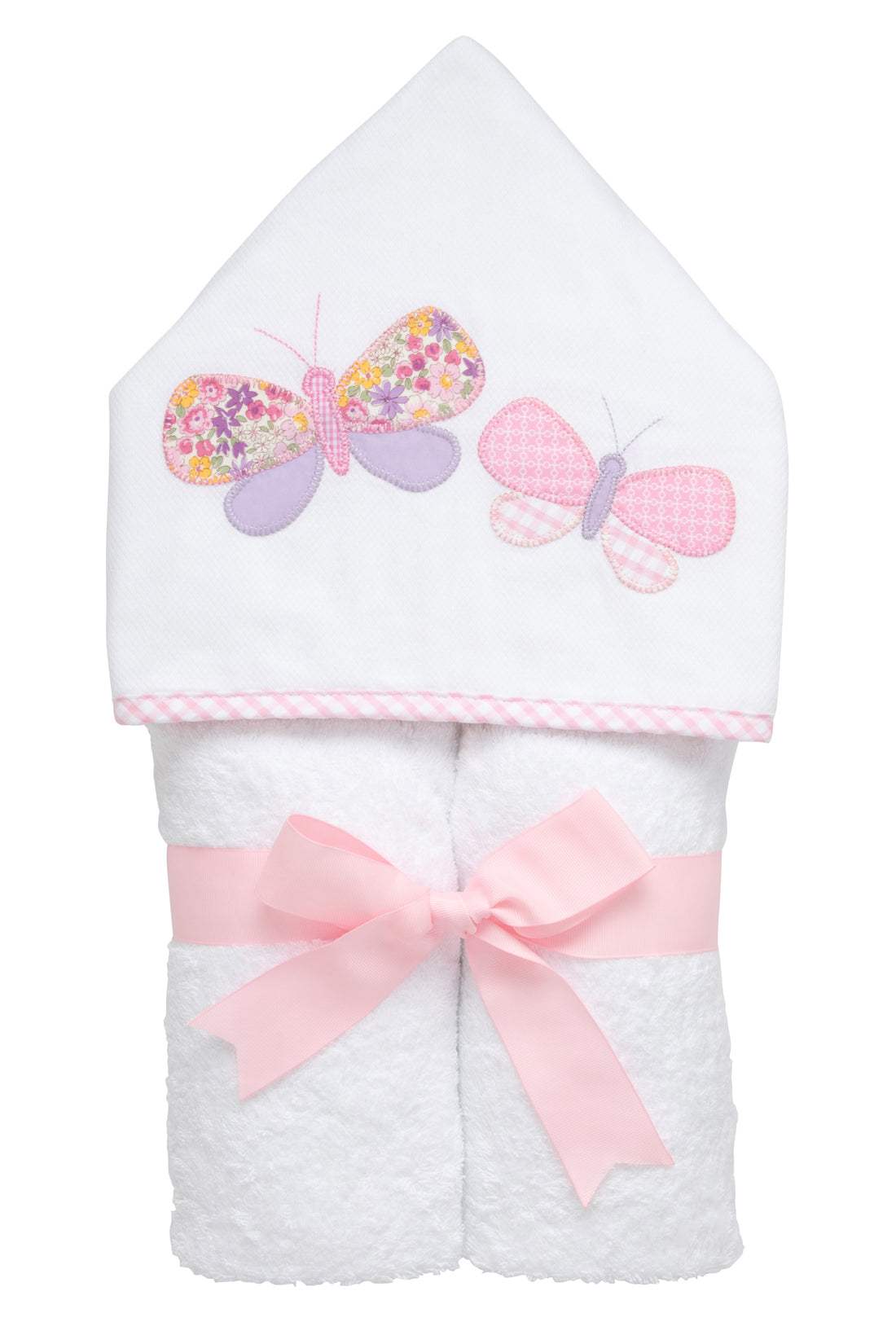 Cotton terry hooded towel for toddler to little kids with two pink and purple patterned butterfly appliques, 3 Marthas