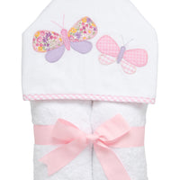 Cotton terry hooded towel for toddler to little kids with two pink and purple patterned butterfly appliques, 3 Marthas