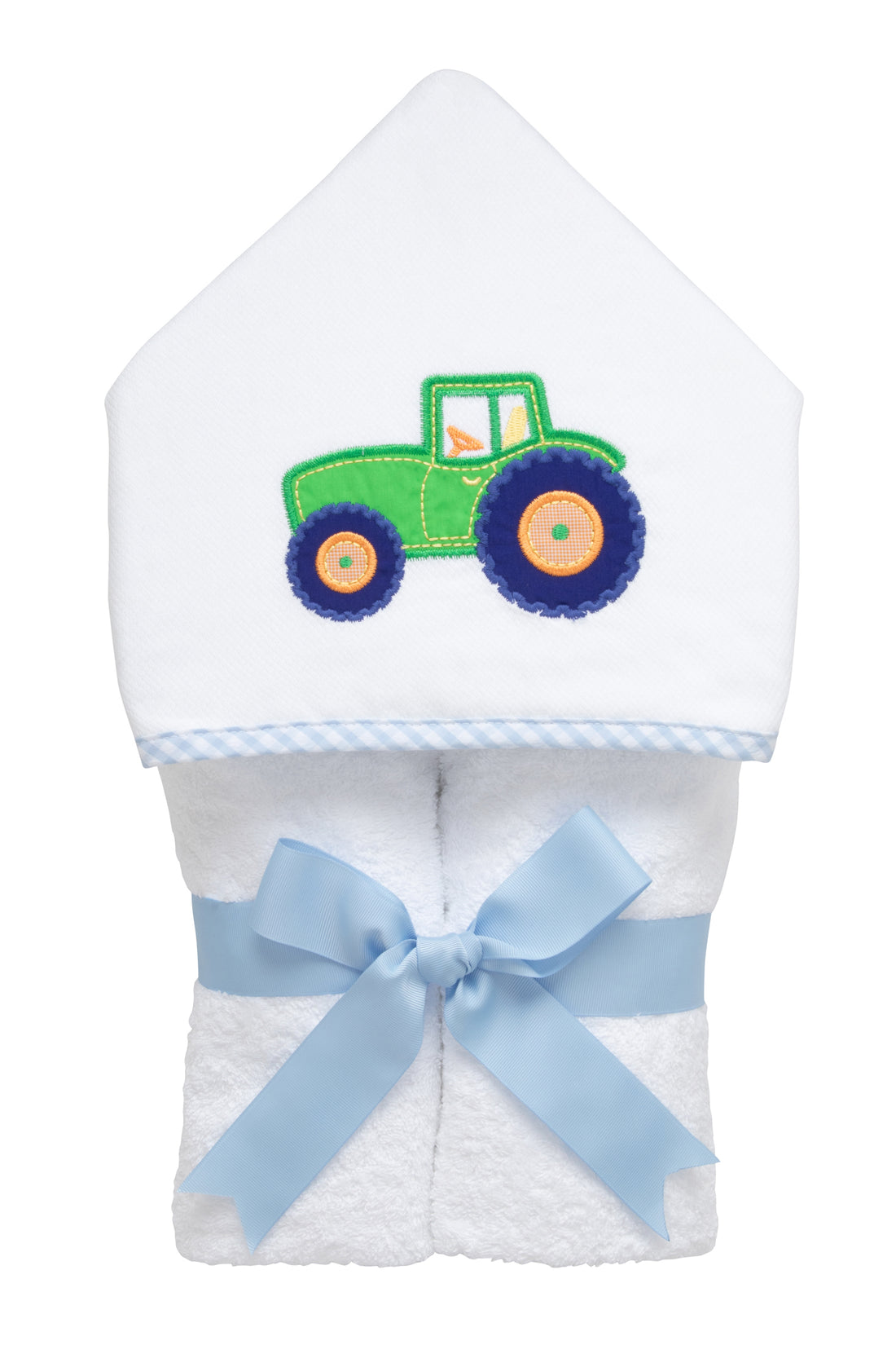 Cotton terry hooded towel for toddler to little kids with a green tractor applique on the hood, 3 Marthas
