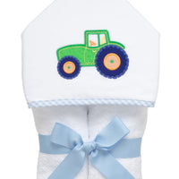 Cotton terry hooded towel for toddler to little kids with a green tractor applique on the hood, 3 Marthas