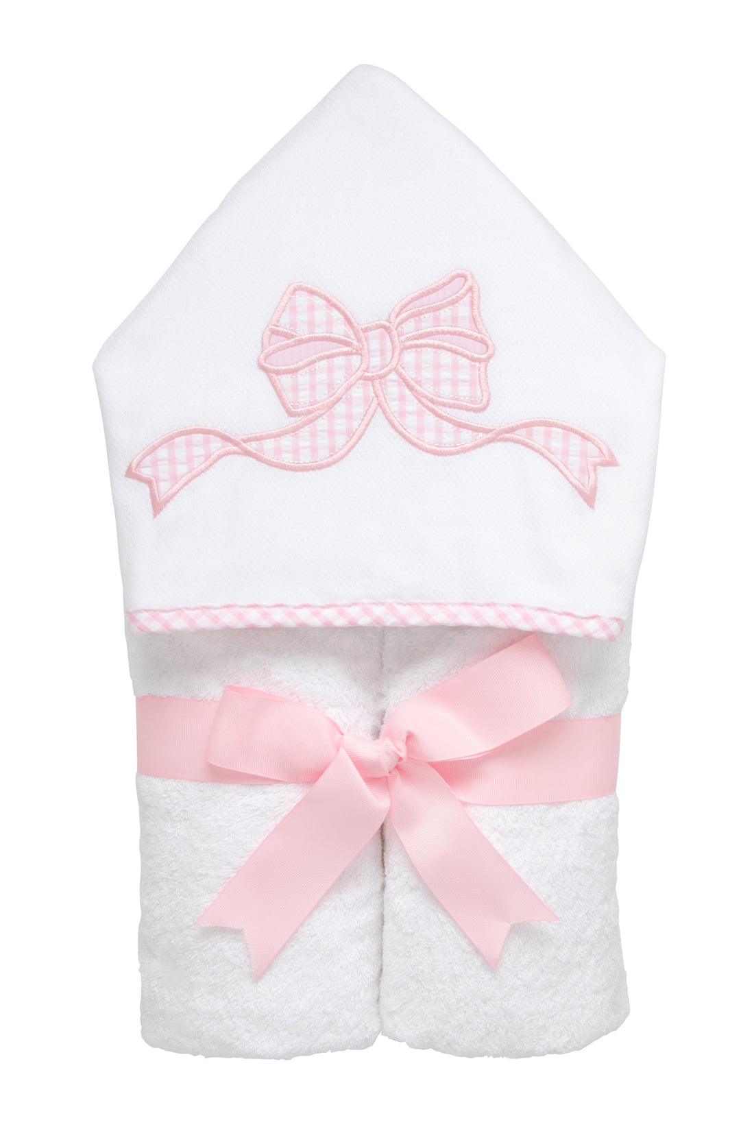 Cotton terry hooded towel for toddler to little kids with a pink gingham check bow applique on the hood, 3 Marthas