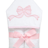Cotton terry hooded towel for toddler to little kids with a pink gingham check bow applique on the hood, 3 Marthas