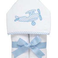 Cotton terry hooded towel for toddler to little kids with a blue gingham check airplane applique on the hood, 3 Marthas