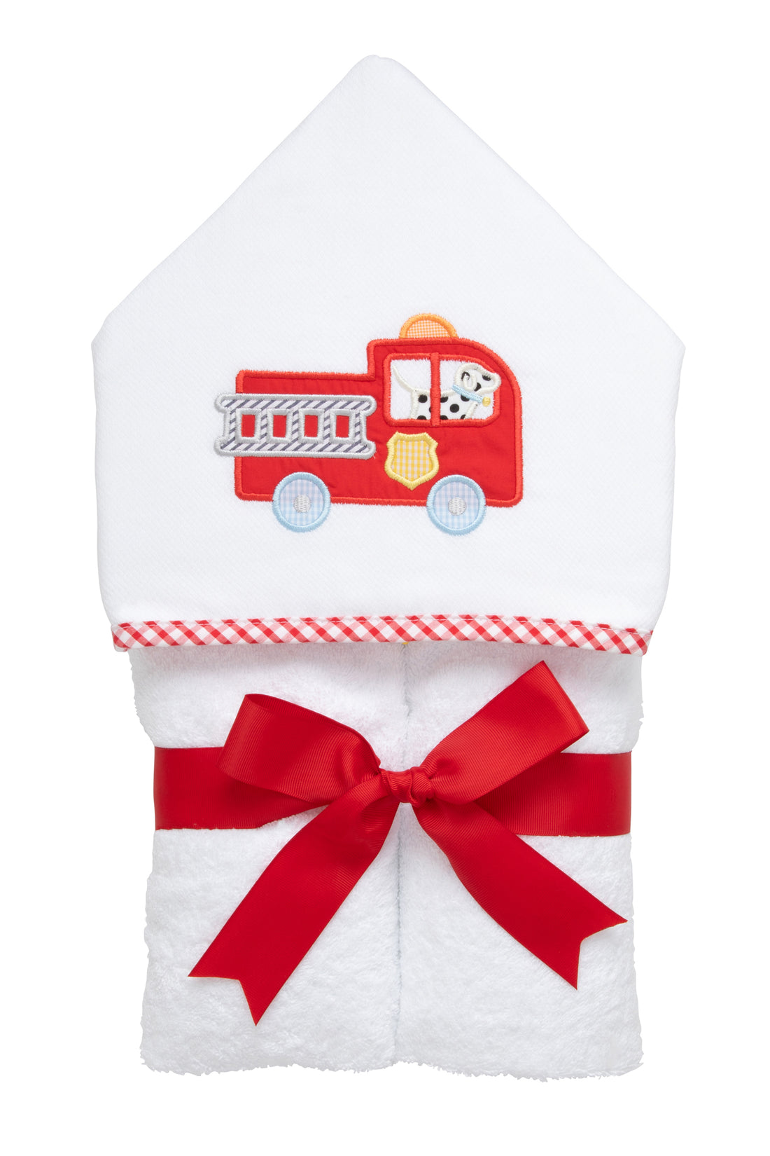 Cotton terry hooded towel for toddler to little kids with a red firetruck and Dalmatian applique, 3 Marthas