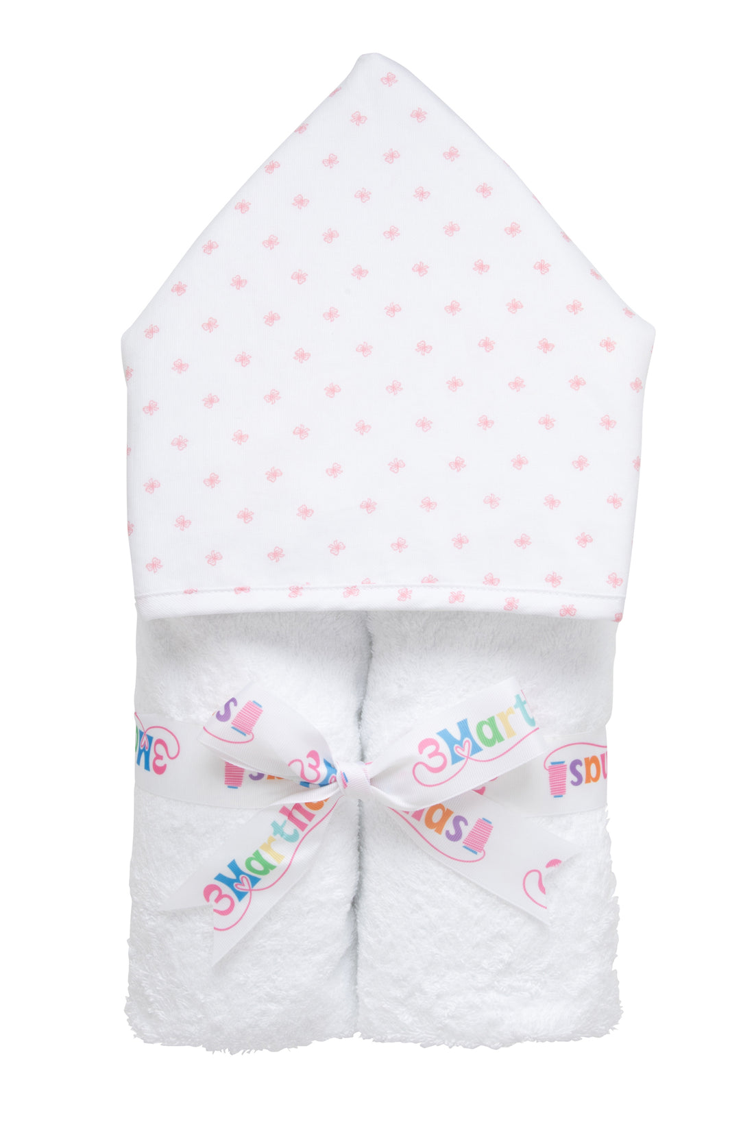 Cotton terry hooded towel for toddler to little kids with pink bow print fabric on the hood, 3 Marthas