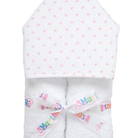 Cotton terry hooded towel for toddler to little kids with pink bow print fabric on the hood, 3 Marthas