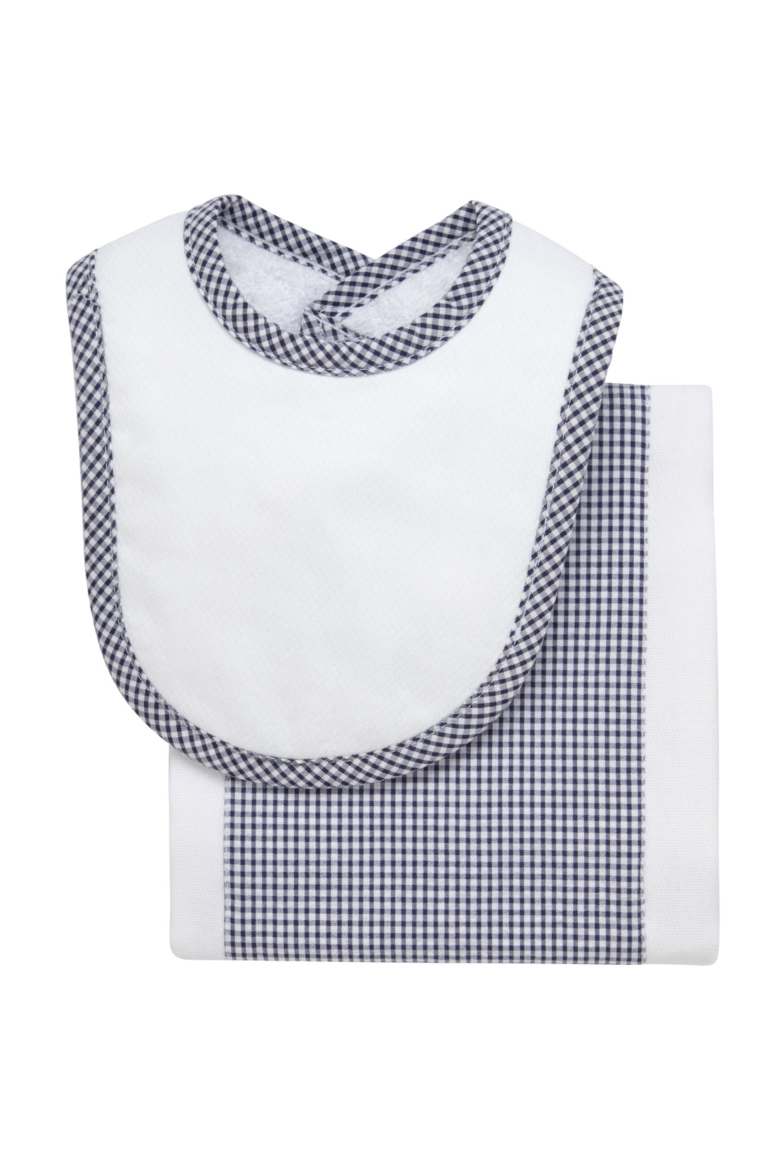 Cotton newborn bib and burp set for baby with navy small gingham check fabric, 3 Marthas