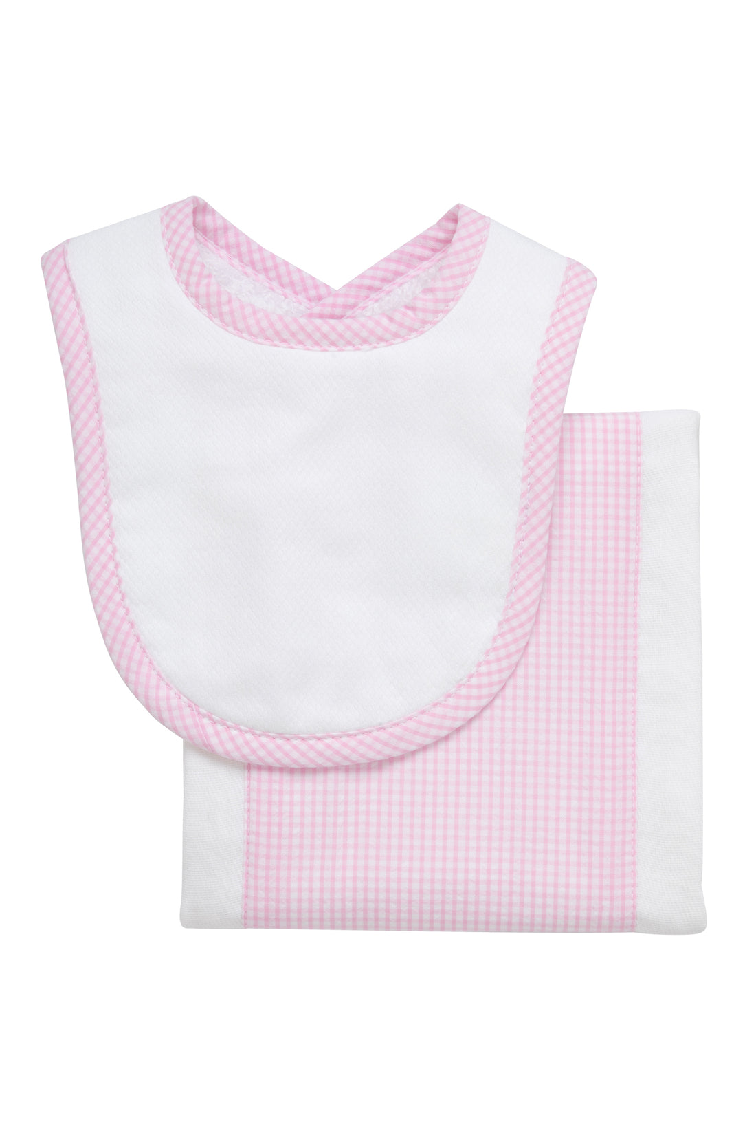 Cotton newborn bib and burp set for baby with pink small gingham check fabric, 3 Marthas