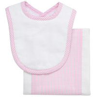 Cotton newborn bib and burp set for baby with pink small gingham check fabric, 3 Marthas