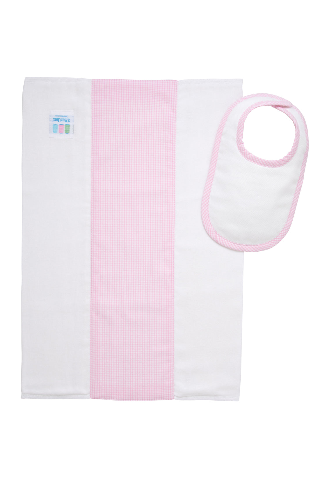 Cotton newborn bib and burp set for baby with pink small gingham check fabric, 3 Marthas