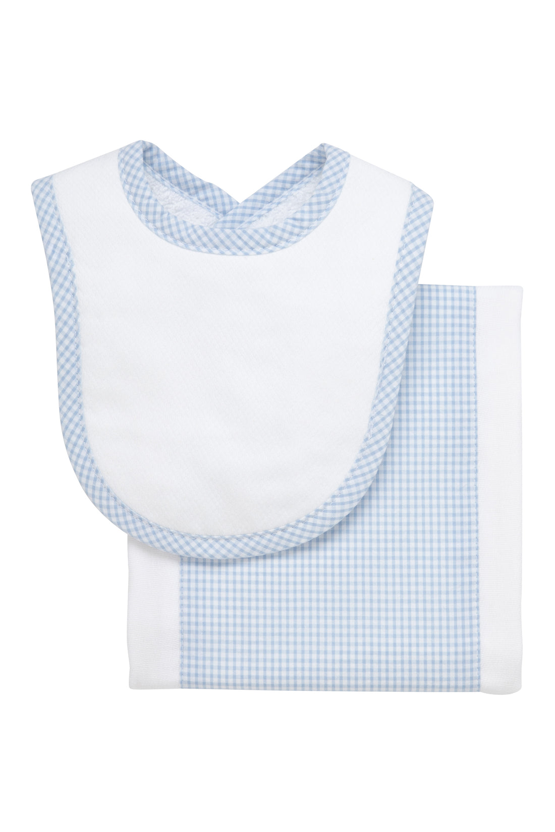 Cotton newborn bib and burp set for baby with blue small gingham check fabric, 3 Marthas