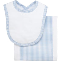 Cotton newborn bib and burp set for baby with blue small gingham check fabric, 3 Marthas