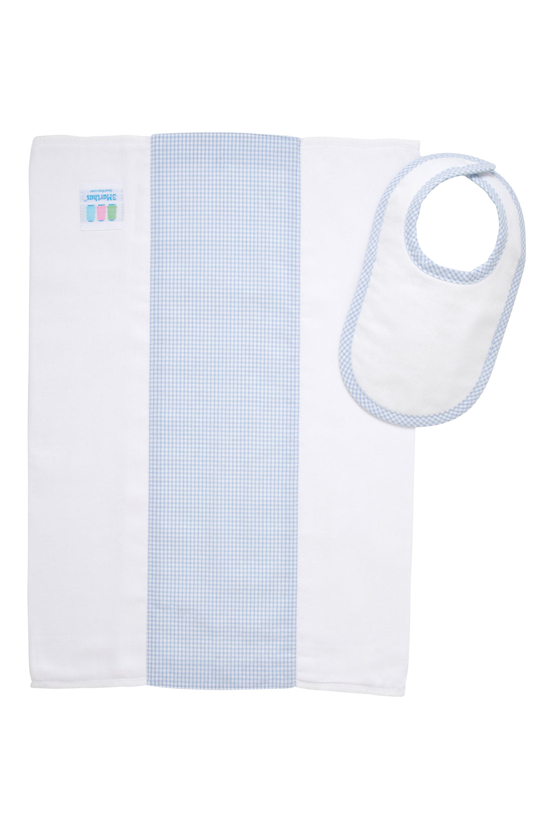 Cotton newborn bib and burp set for baby with blue small gingham check fabric, 3 Marthas