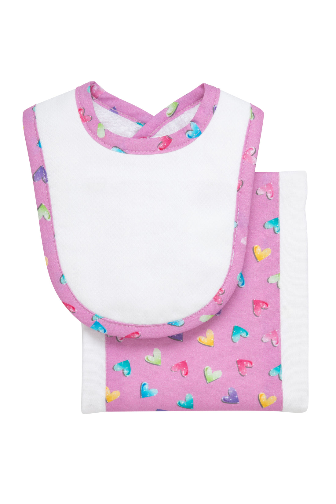 Cotton newborn bib and burp set for baby girl with multi hearts print fabric, 3 Marthas