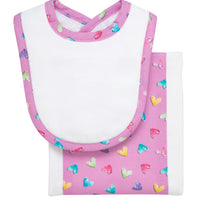 Cotton newborn bib and burp set for baby girl with multi hearts print fabric, 3 Marthas