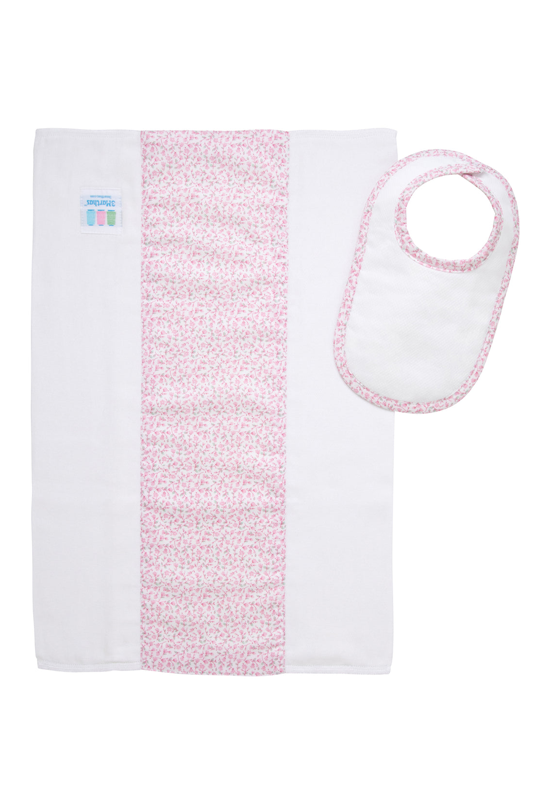 Cotton newborn bib and burp set for baby girl with pink floral fabric, 3 Marthas
