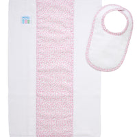 Cotton newborn bib and burp set for baby girl with pink floral fabric, 3 Marthas