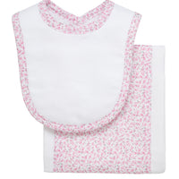 Cotton newborn bib and burp set for baby girl with pink floral fabric, 3 Marthas