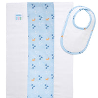 Cotton newborn bib and burp set for baby boy with blue puppy and paw print fabric, 3 Marthas