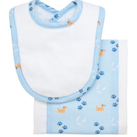 Cotton newborn bib and burp set for baby boy with blue puppy and paw print fabric, 3 Marthas