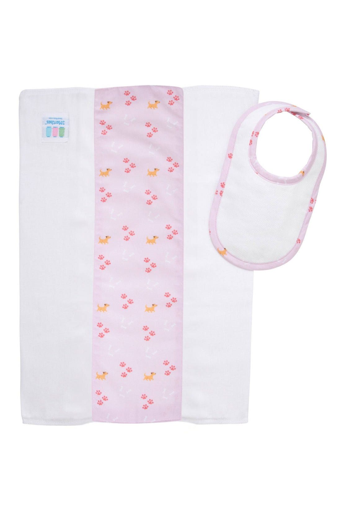 Cotton newborn bib and burp set for baby boy with pink puppy and paw print fabric, 3 Marthas